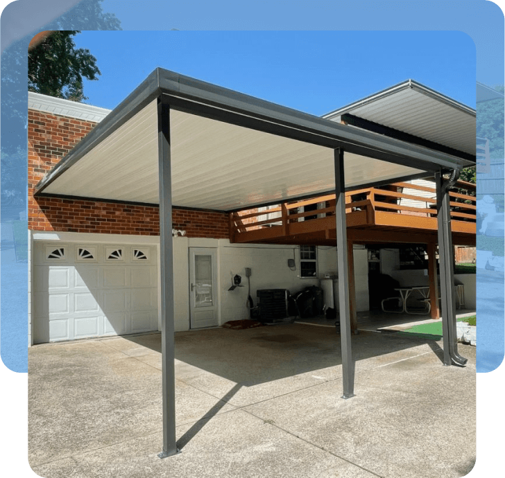 Fixed Covered Patio over a garage used to create a carport installed by The Covered Patio in Huntsville and Madison, AL.